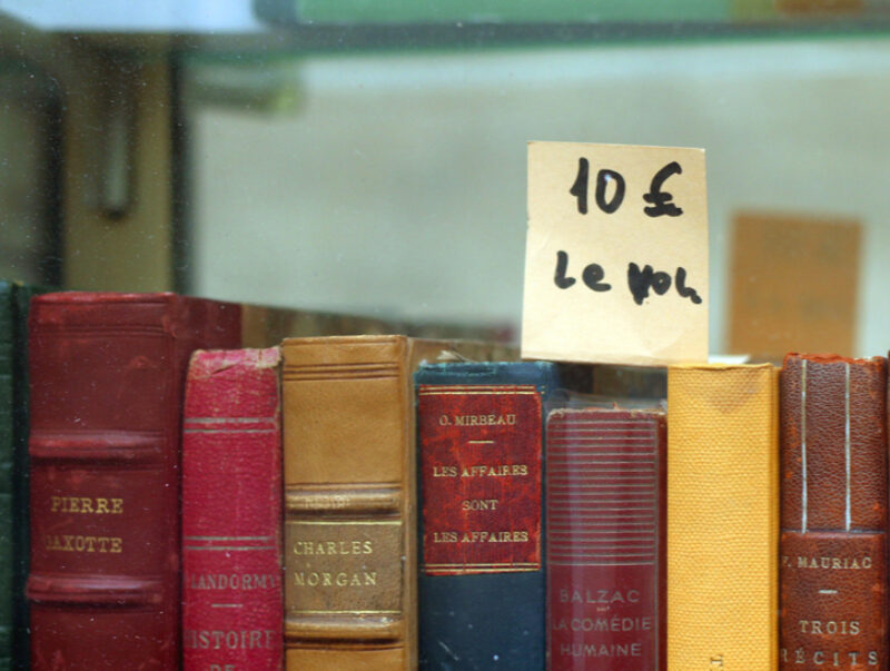 A row of old French books with a €10 price tag