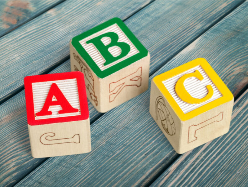 Three letter blocks marked with a letter A, B, and C
